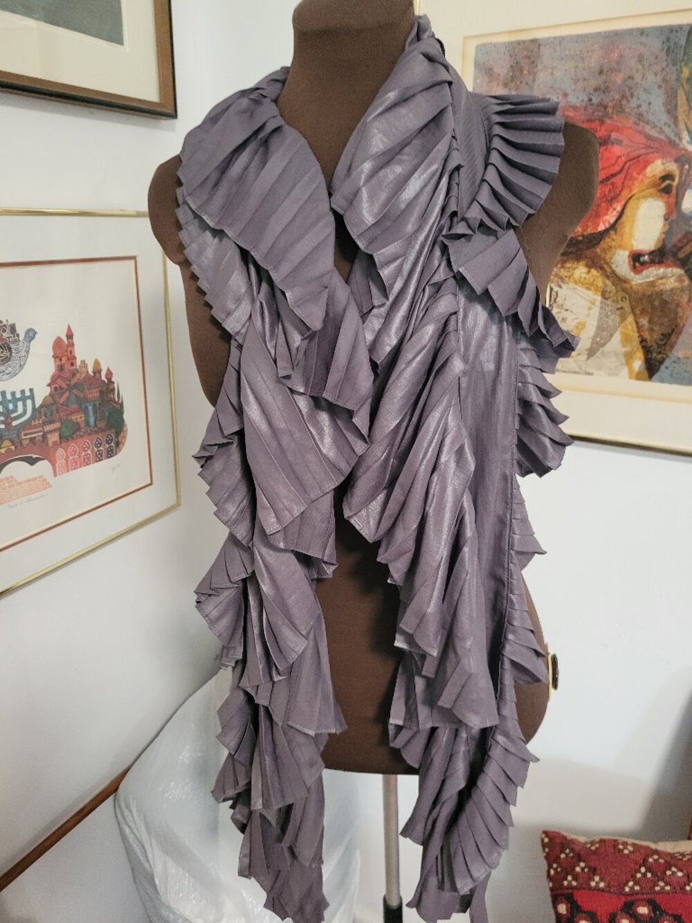 Slate Grey Double Ruffled Pleated Scarf